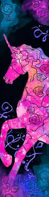 Free dragon bookmark with a pink unicorn in black, magenta, and blue tones